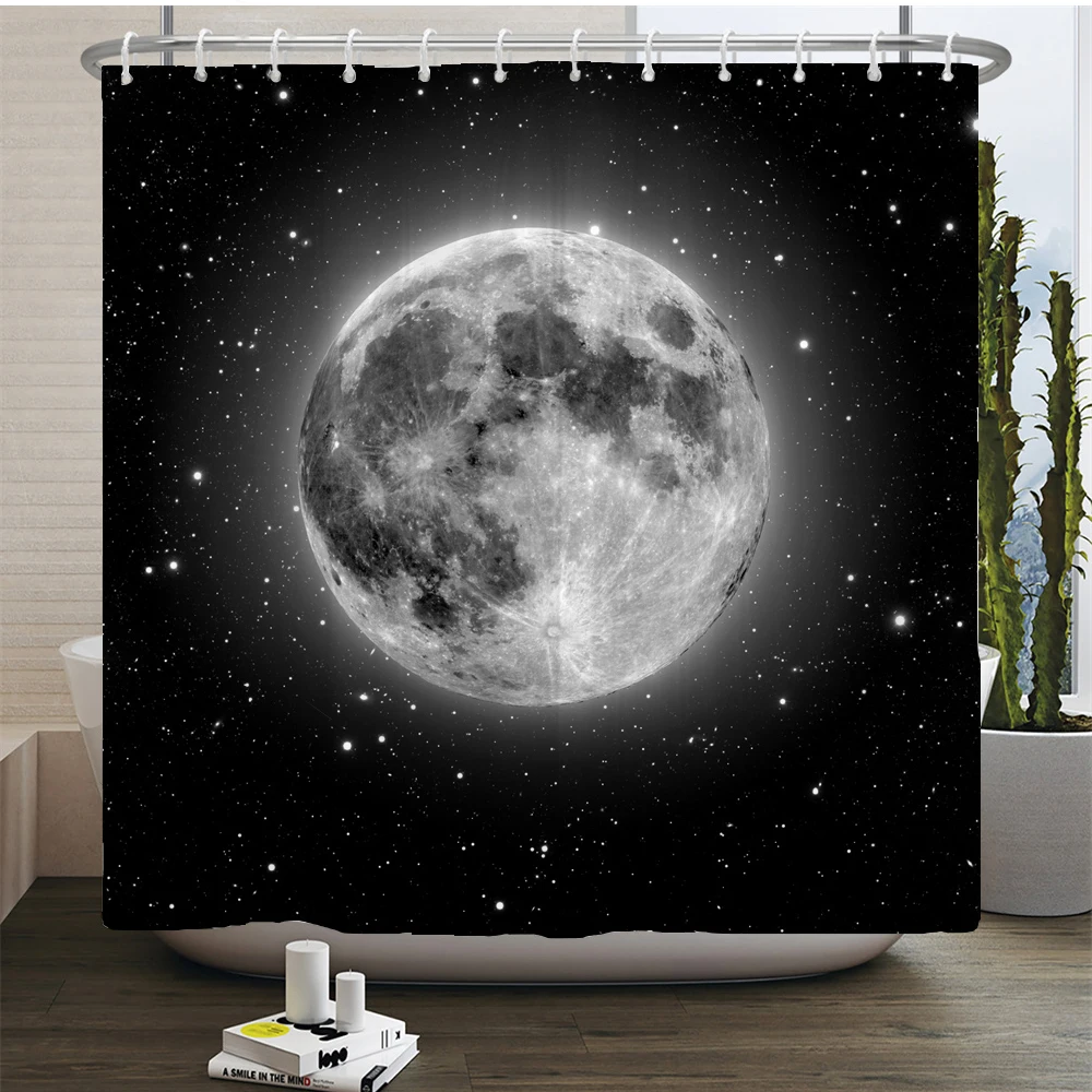 Full Moon Starry Sky Shower Curtain Midnight View Dreamy Mystic Bathroom Curtains Waterproof Fabric Home Decor Curtain With Hook