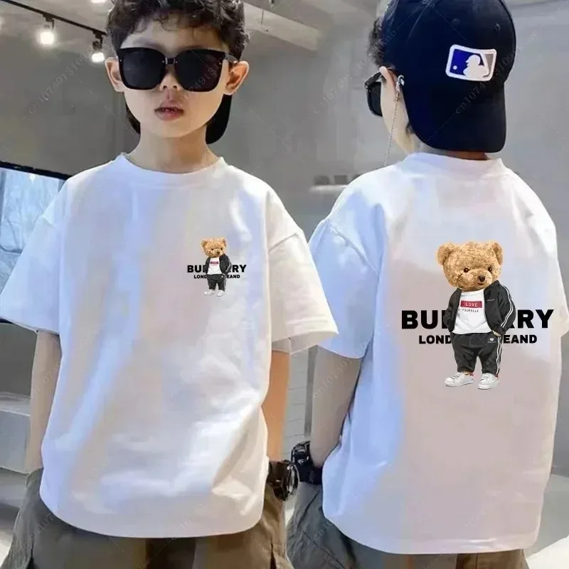 Estate bambini marca orso di lusso T-Shirt nero bianco stampa ragazza Tshirt bambini manica corta T Shirt ragazzo moda cotone Tee vestiti