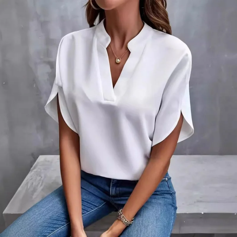 

Summer Tops For Women Blouse Fashion Short Sleeve Solid V Neck Loose Shirts And Blouses Elegant Laies White Tops