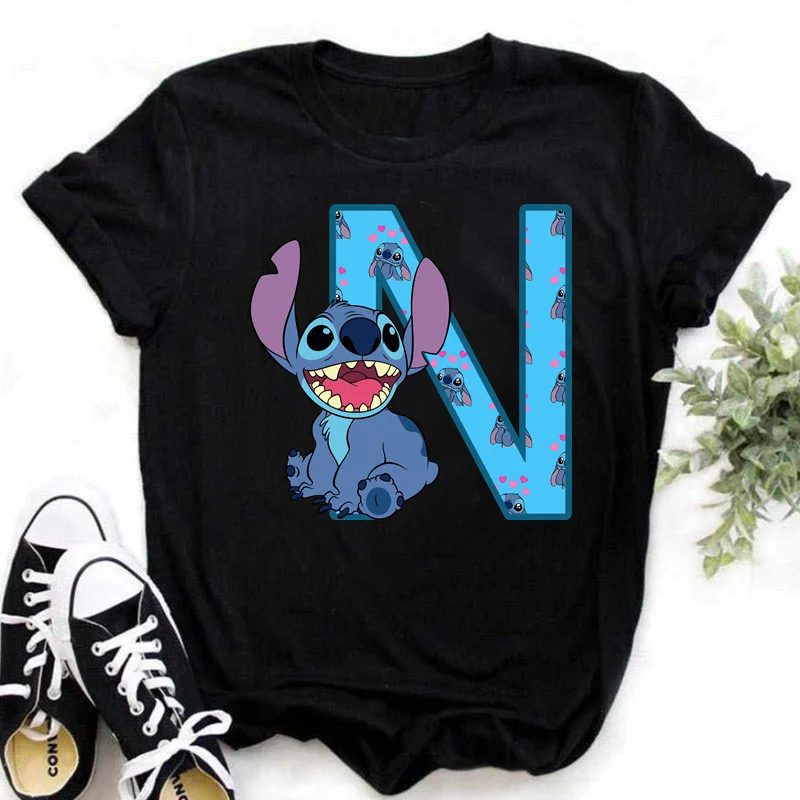 Disney-Camiseta de Lilo & Stitch A-Z para mujer, ropa de manga corta con letras en inglés, informal, de dibujos animados