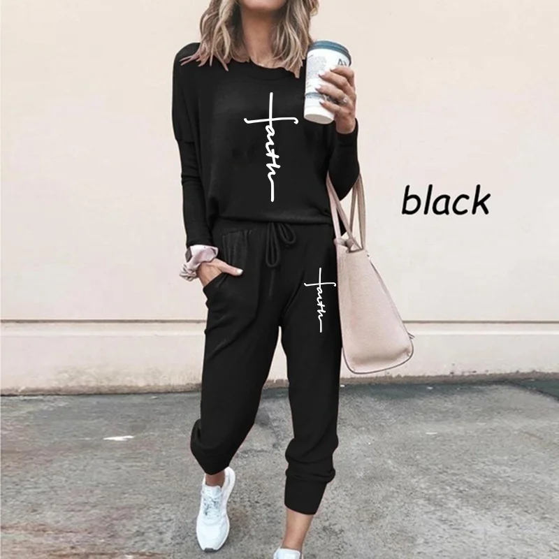 New Fashion Women Tracksuit Casual Long Sleeve Hoodies and Pants Tracksuit Faith Printed Jogging Suits