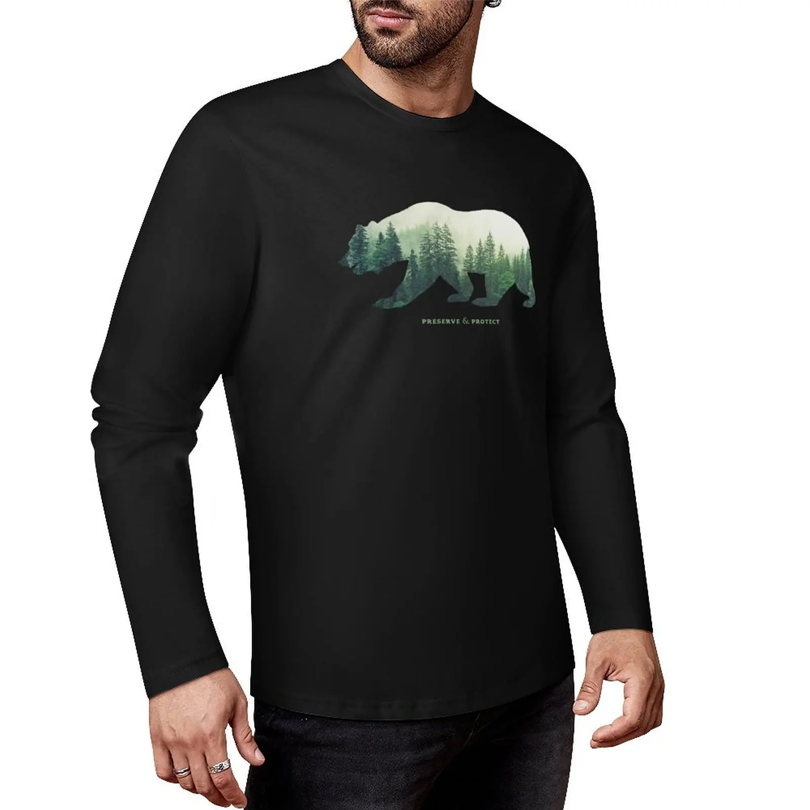 

Preserve & Protect Nature Double Exposure Bear Silhouette Trees Forest Save the Environment Climate Change Wilderne Long T-Shirt