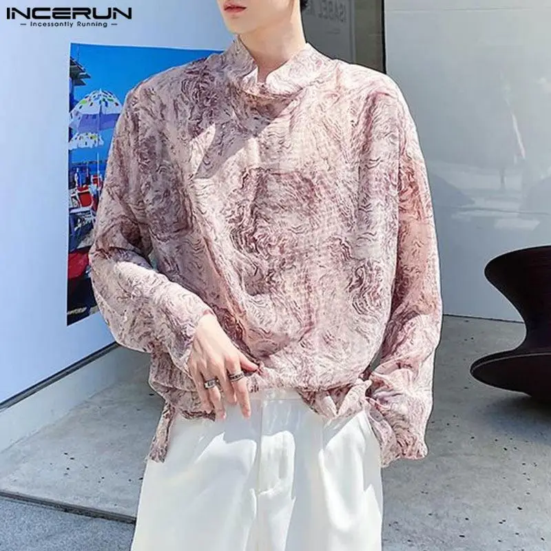 INCERUN Tops 2024 Korean Style Men\'s Fashion Semi High Neck Fluid Printed T-shirts Casual Streetwear Long Sleeved Camiseta S-5XL