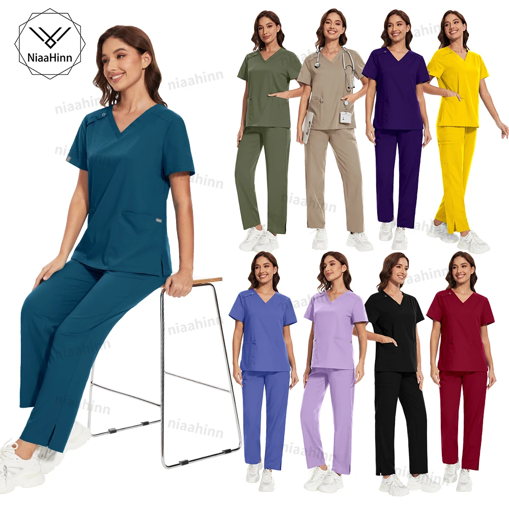 Niaahinn Workwear Stretch Scrubs Uniforms Sets Nurse Scurb Uniform Women Medical Scrubs V-neck Short Sleeved Straight Pants Sets