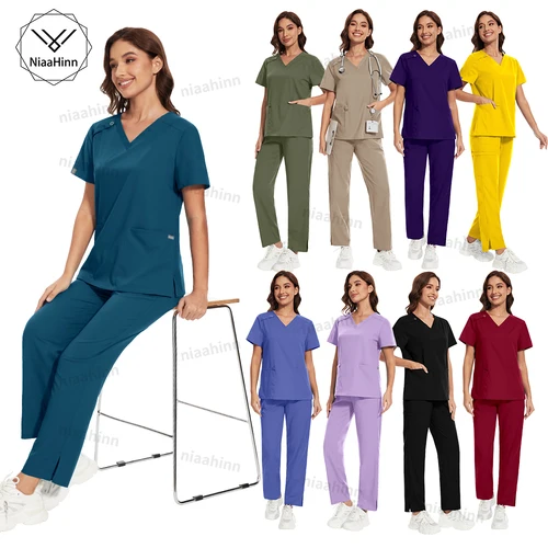 Ropa de trabajo Niaahinn, conjuntos de uniformes elásticos, uniforme de enfermera, uniforme médico para mujeres, conjuntos de pantalones rectos de manga corta con cuello en V