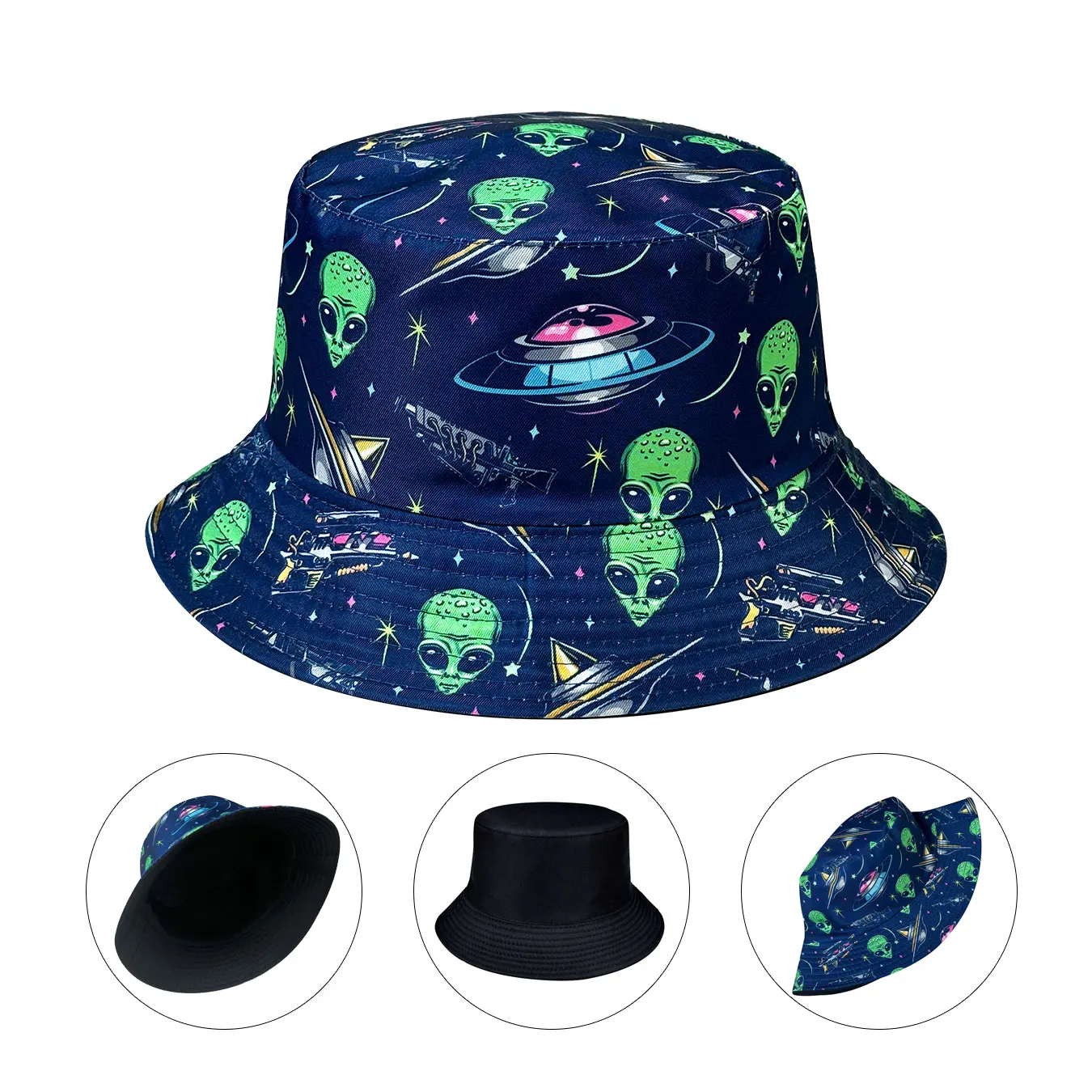 New Cartoon Alien Pattern Bucket Hat, Lightweight and Foldable, Easy to Store, Reversible, Stylish Bucket Hat, S