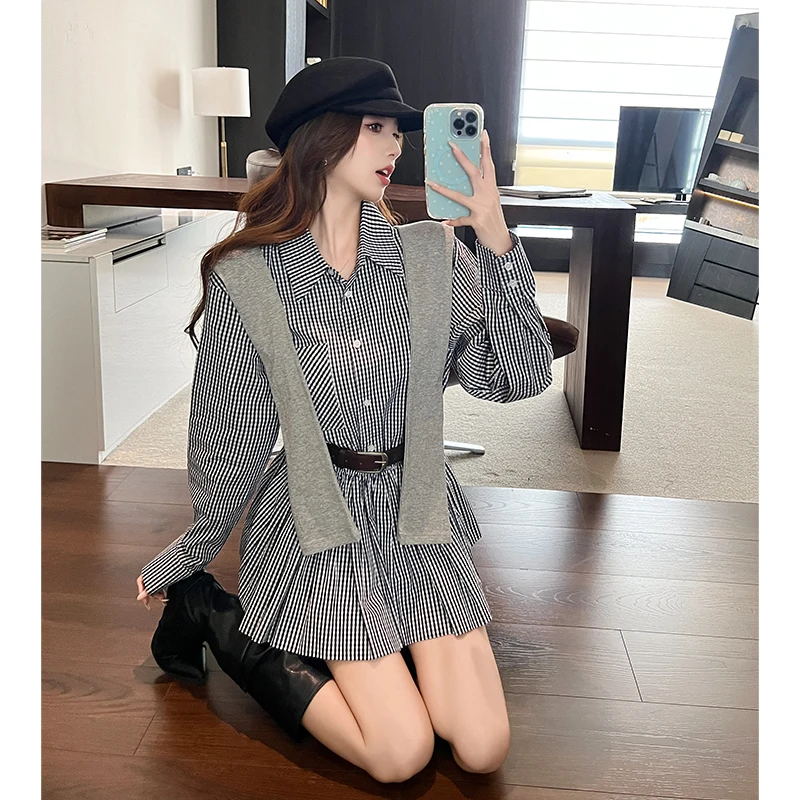 Women Street Clothes Casual Shirt White Plaid Lapel Shawl Belt Slim A-Line Mini Short Dress Fashion Lady Vestidos Preppy Style