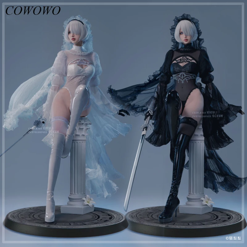 

COWOWO Anime! Game NieR Automata 2B Black White Flower Wedding Dress Jumpsuits Uniform Cosplay Costume Halloween Party Outfit