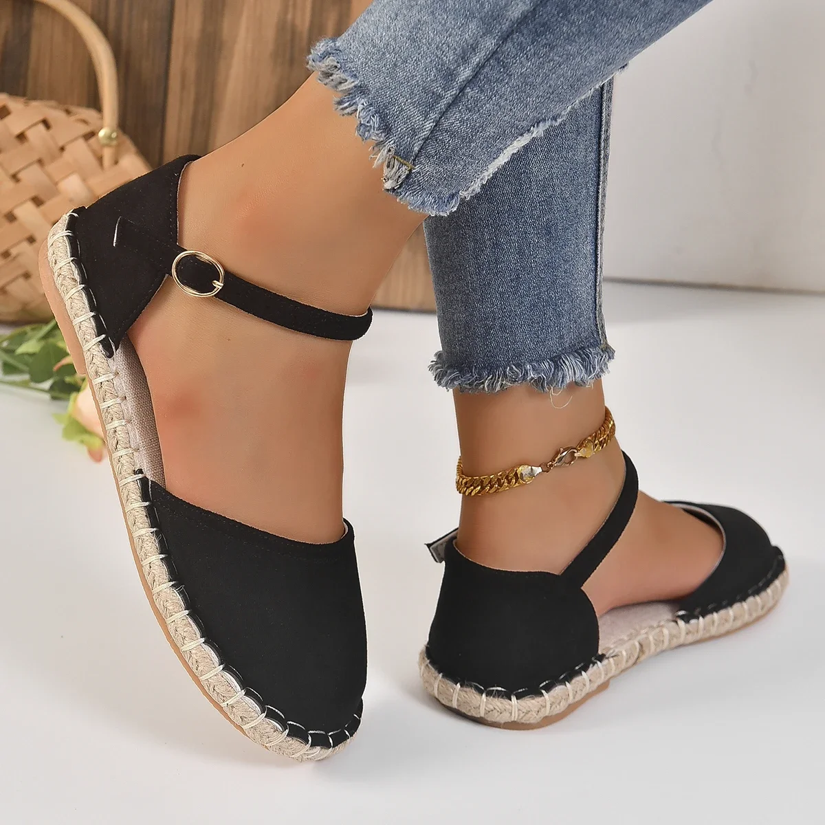 Plus Size 43 Shoes of Women Ankle Strap Espadrilles Roman Sandals Flat Hemp Rope Womens Shoes Comfort Summer Women Sandals 2022