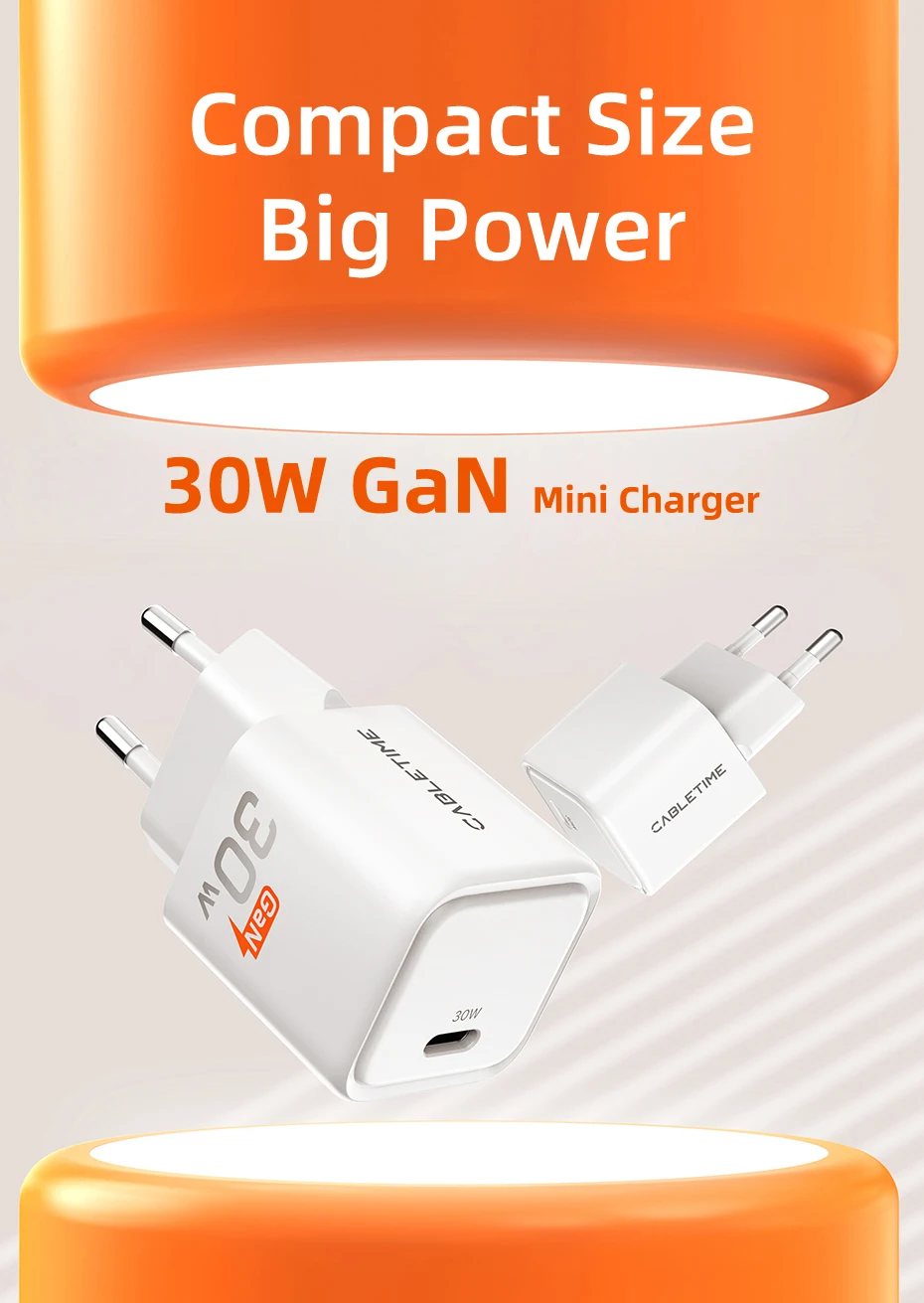 CABLETIME 30 W GaN Ladegerät PD QC 3,0 Schnelle USB Typ C Lade Typ C PD 3,0 Schnelle Telefon Ladegerät für iPhone 15 iPad Huawei Ladegerät – Detail 1