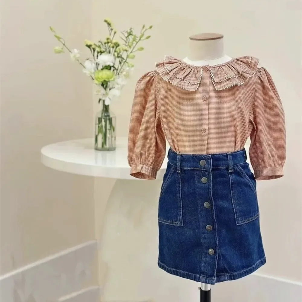 spring kids girl clothes baby blouse checkered pattern Girls' long-sleeved shirt double-layer collar Girls' sweet top