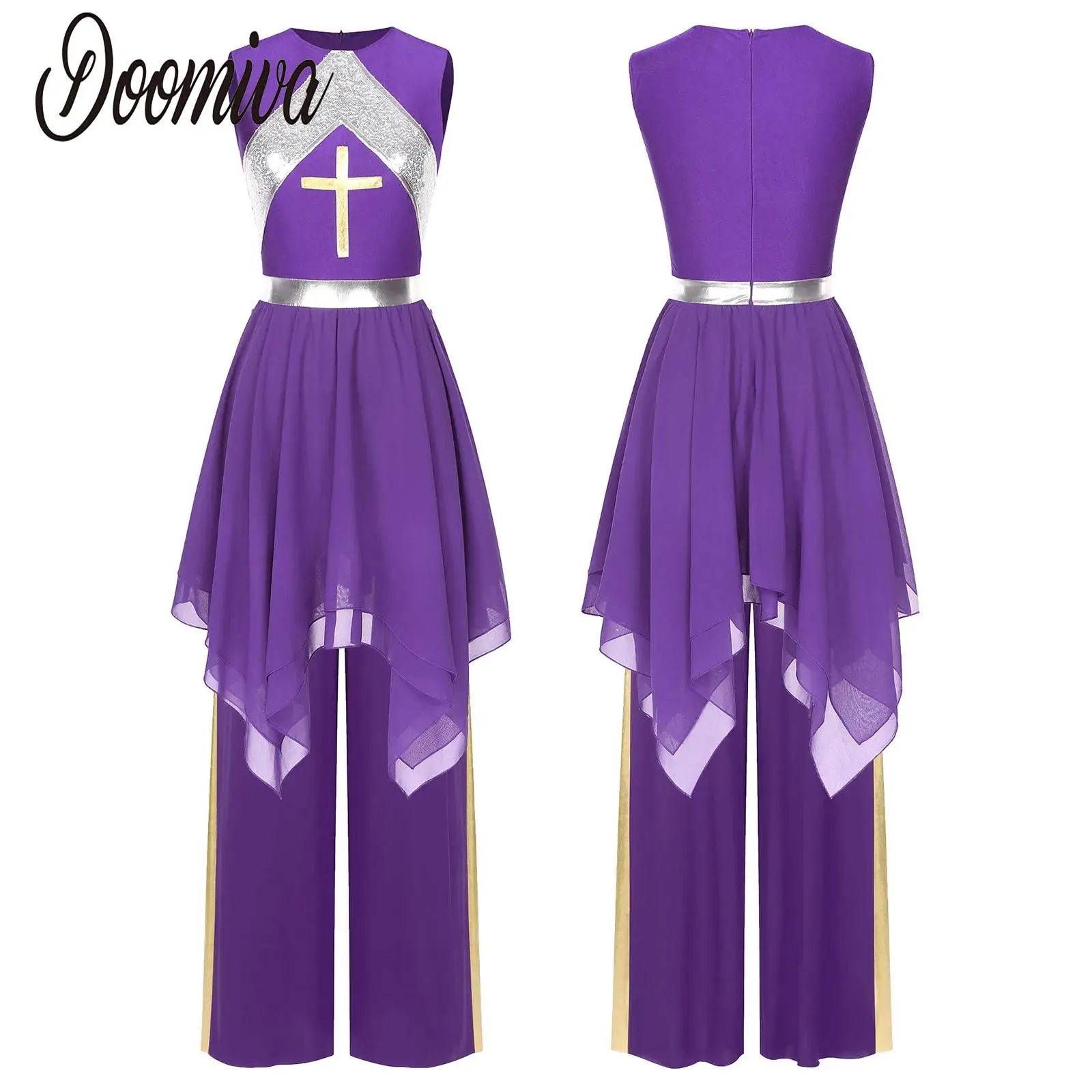 

Women Liturgical Praise Dance Outfit with Wide-Leg Pants Cross Print Sleeveless Dress Lyrical Dancewear Church Worship Costume