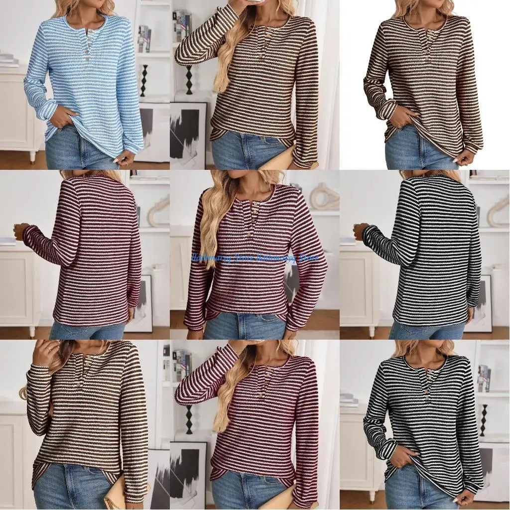

573B Womens Long Sleeve Shirts Button Neck Stripe Casual Top Loose Fitted Fashion Button Clothes Top