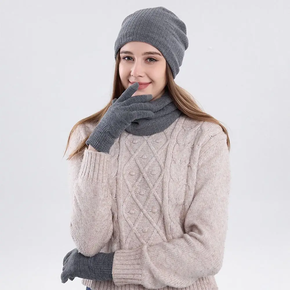 3Pcs/Set Winter Warm Knitted Hat Scarf Touchscreen Gloves Set Outdoor Riding Hat Beanies Neck Protection Scarf Cap