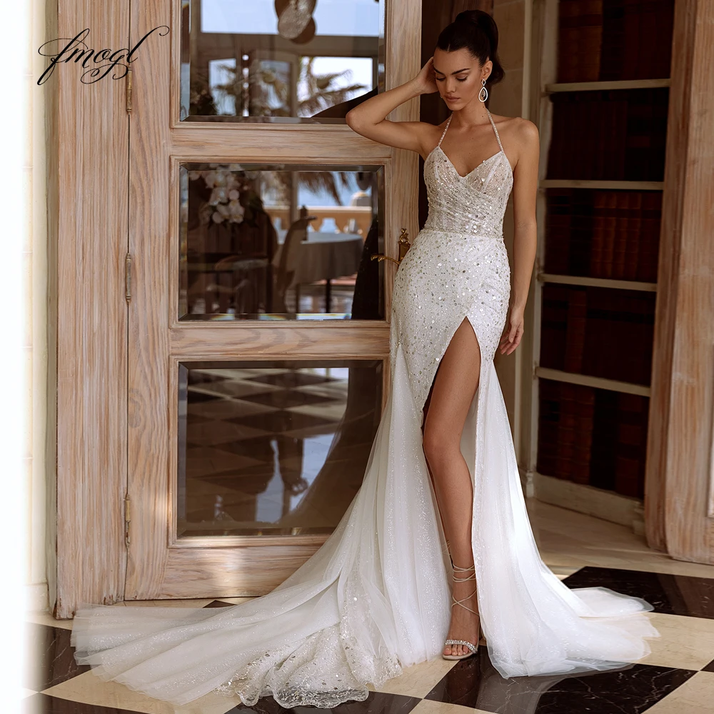 

Fmogl Exquisite Halter Pleat Lace Pearls Mermaid Wedding Dresses Luxury Spaghetti Straps Backless Beaded Court Train Bridal Gown