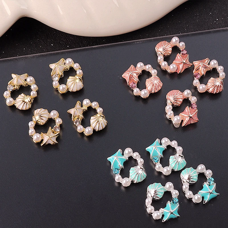 10PCS Luxury Alloy Starfish Nail Art Shell Charms Pearl Wreath Accessories For Nails Decoration Supplies Manicure Decor Parts