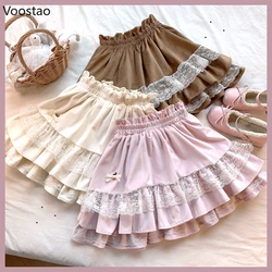 Kawaii Lolita Mini Skirt Women Harajuku Bunny Bow Lace Ruffles Velvet Skirts Japanese Girls Sweet Party Skirt Faldas Mujer Moda