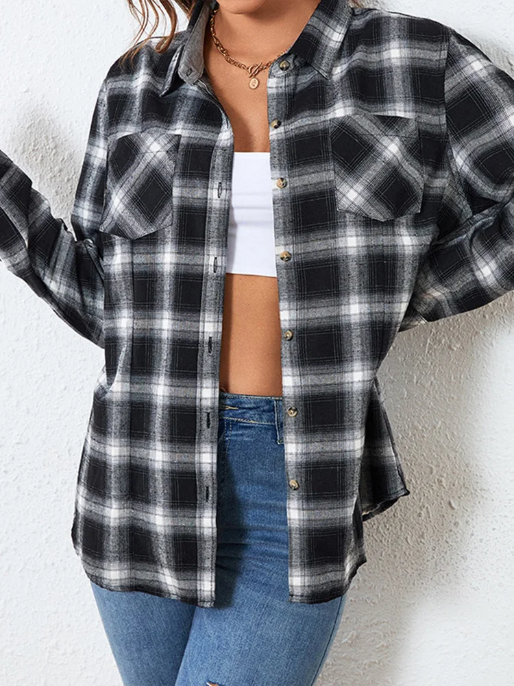 

Женская Повседневная клетчатая куртка, винтажная Толстая блузка с отложным воротником и длинными рукавами, модные топы на пуговицах с карманами для зимы