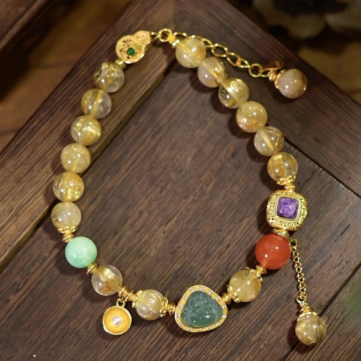 Natural Golden Rutilated Quartz Bracelet Jadeite Charoite Red Agate S925 Silver Gold Plated Multi Gem Women Hand Jewelry