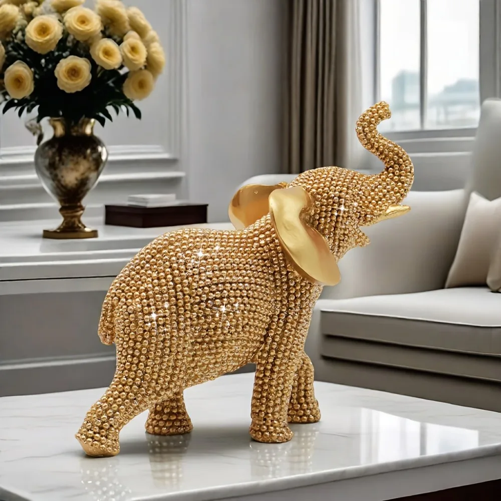 Golden Elephant Beaded Ornamental Figurine Good Luck Decorative Animals Christmas Ornaments Holiday Decoration Housewarming Gift