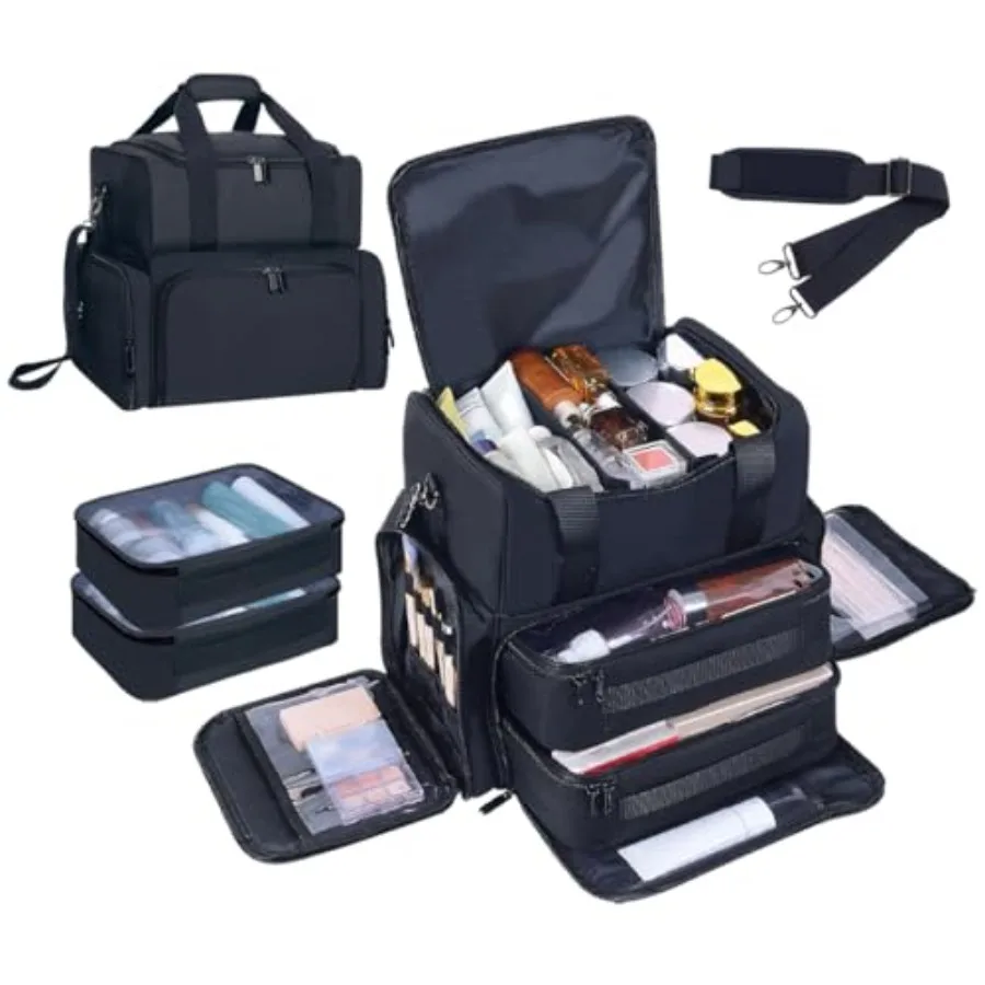 

Большая косметичка с 2 съемными отделениями, многофункциональная, двухслойная, дорожный органайзер для туалетных принадлежностей, черная