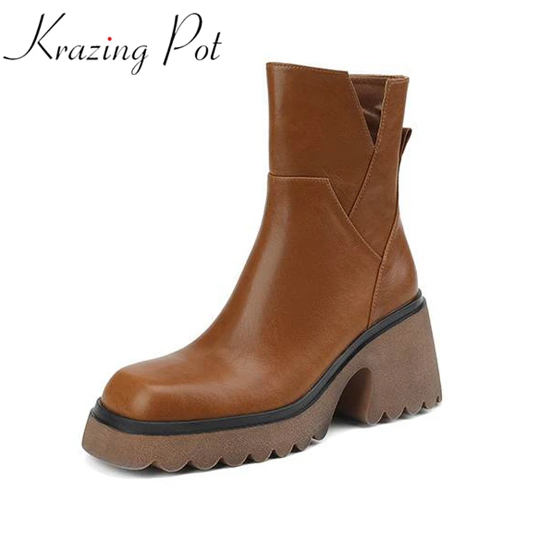 Krazing Pot Cow Leather Vintage Thick High Heels Square Toe Winter Warm Western Boots British Platform Office Lady Ankle Boots