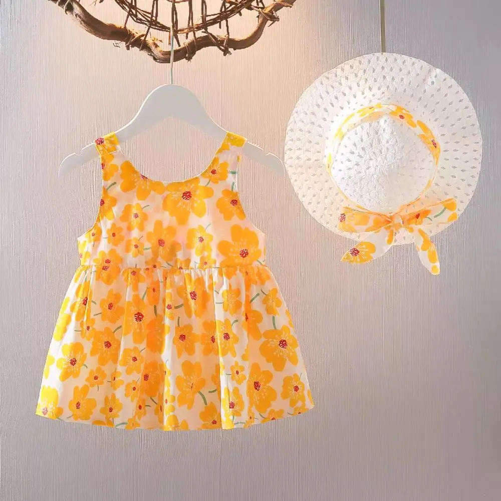 

Fashion Bowknot Baby Girl Princess Dress Cotton Sleeveless Floral Dress with Hat Sweet Loose Kids Flower Dress Beach Vacation