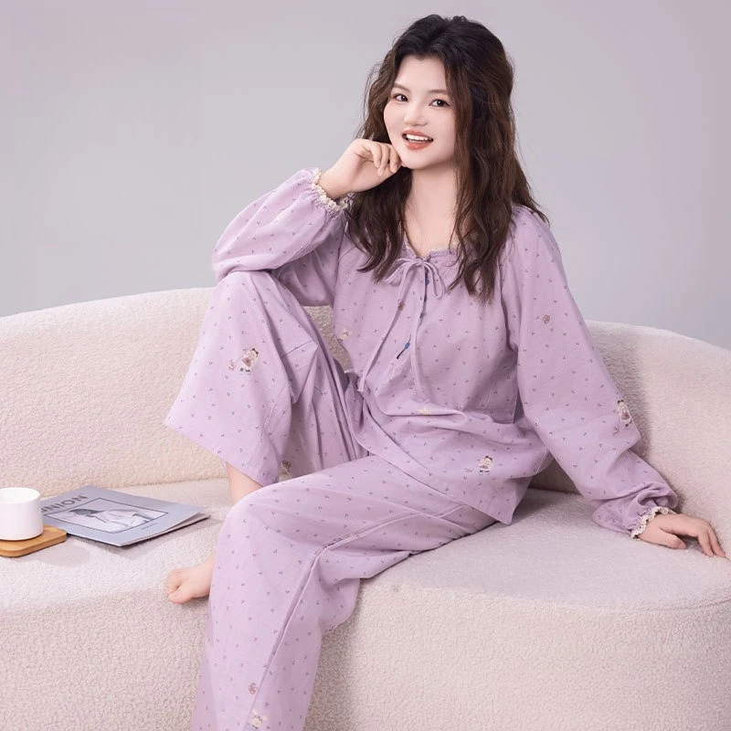 

Sweet Women's 100% Pure Cotton Pajama Set, Ruffled Neck Tie-Front Puff Sleeve Delicate Print Loose Home Loungewear