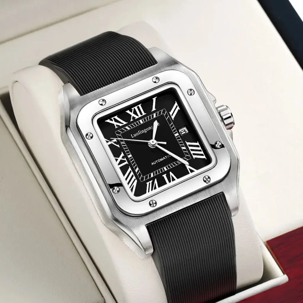 ساعة ميكانيكية أوتوماتيكية مربعة فاخرة على الطراز الأوروبي والأمريكي للرجال، تصميم هيكل عظمي، ساعة يد رجالية عصرية كاجوال متعددة الاستخدامات، هدية عيد الحب لصديقها، الاختيار الأفضل للهدايا