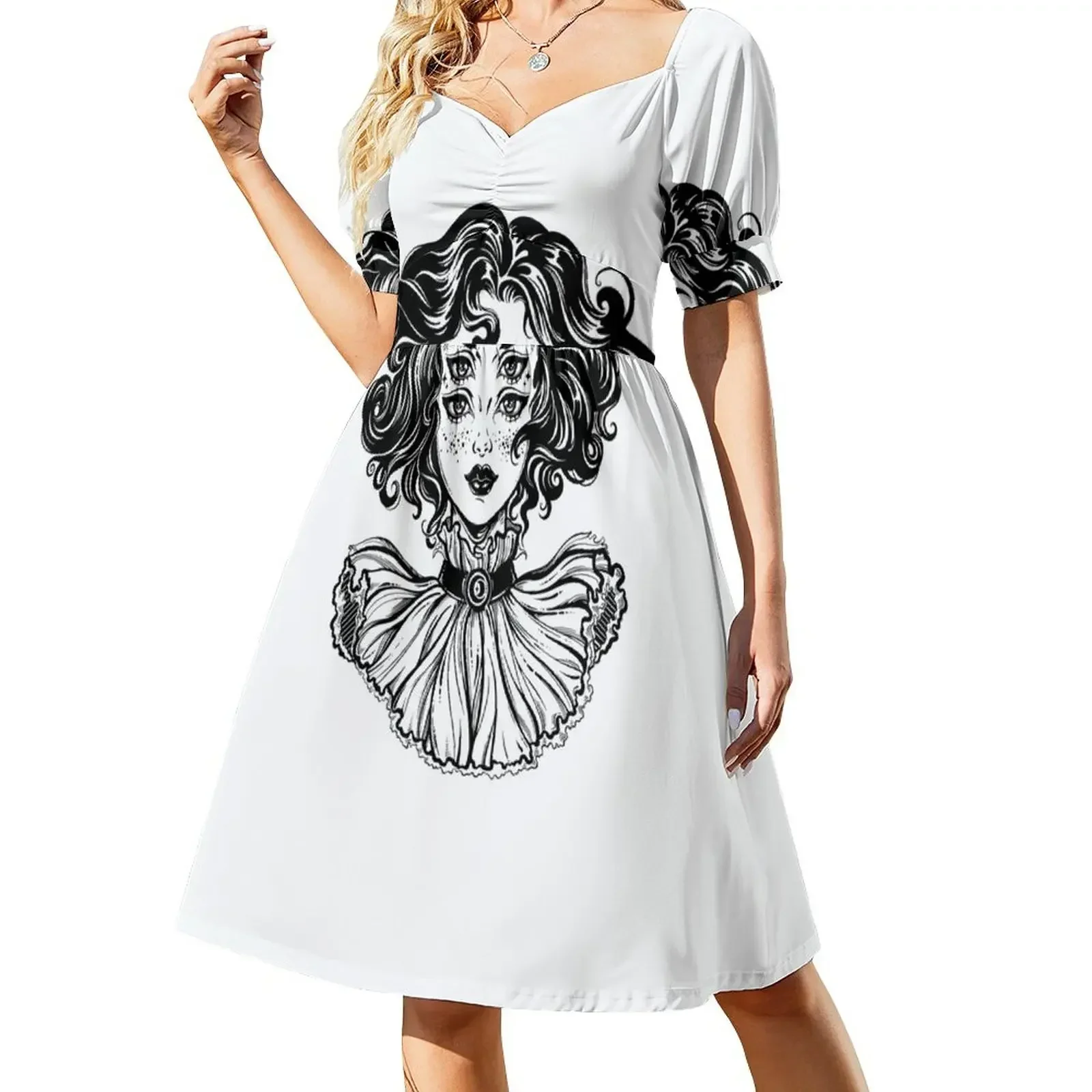 Gothic witch girl head portrait with curly hair and four eyes. Sleeveless Dress women's summer jumpsuit Dress