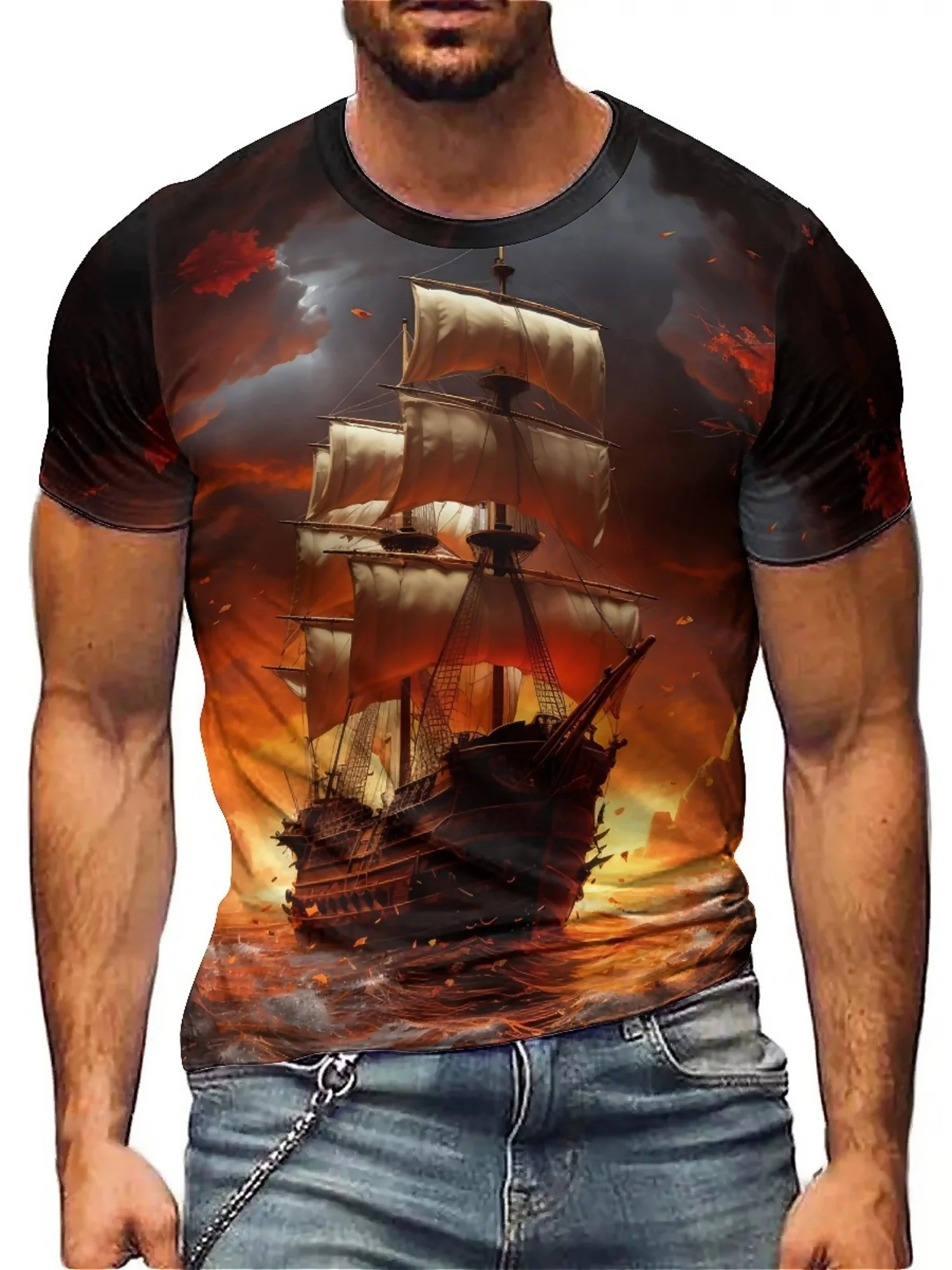 

Men'S Plus Size 3D Nautical Sailboat Graphic T-Shirt - Soft Polyester Short Sleeve Crew Neck, Vibrant Sunset Design
