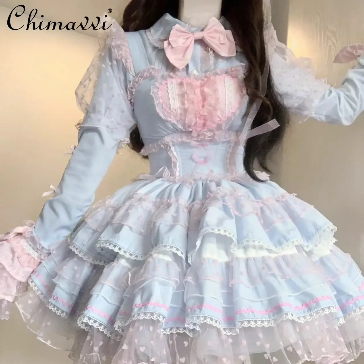 Lolita Style Blue Pink Dopamine Sweet Cute Lace Short Stitching Dress Summer New Girly Style High Waist Princess Lady Dress