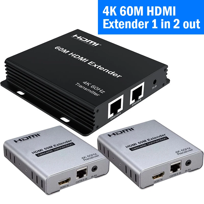 4K 60Hz HDMI Splitter Extender 1x2 60M 1 in 2 output over RJ45 Cat5e/6 Cable HDMI Ethernet Video 1 to 2 Transmitter Receiver kit