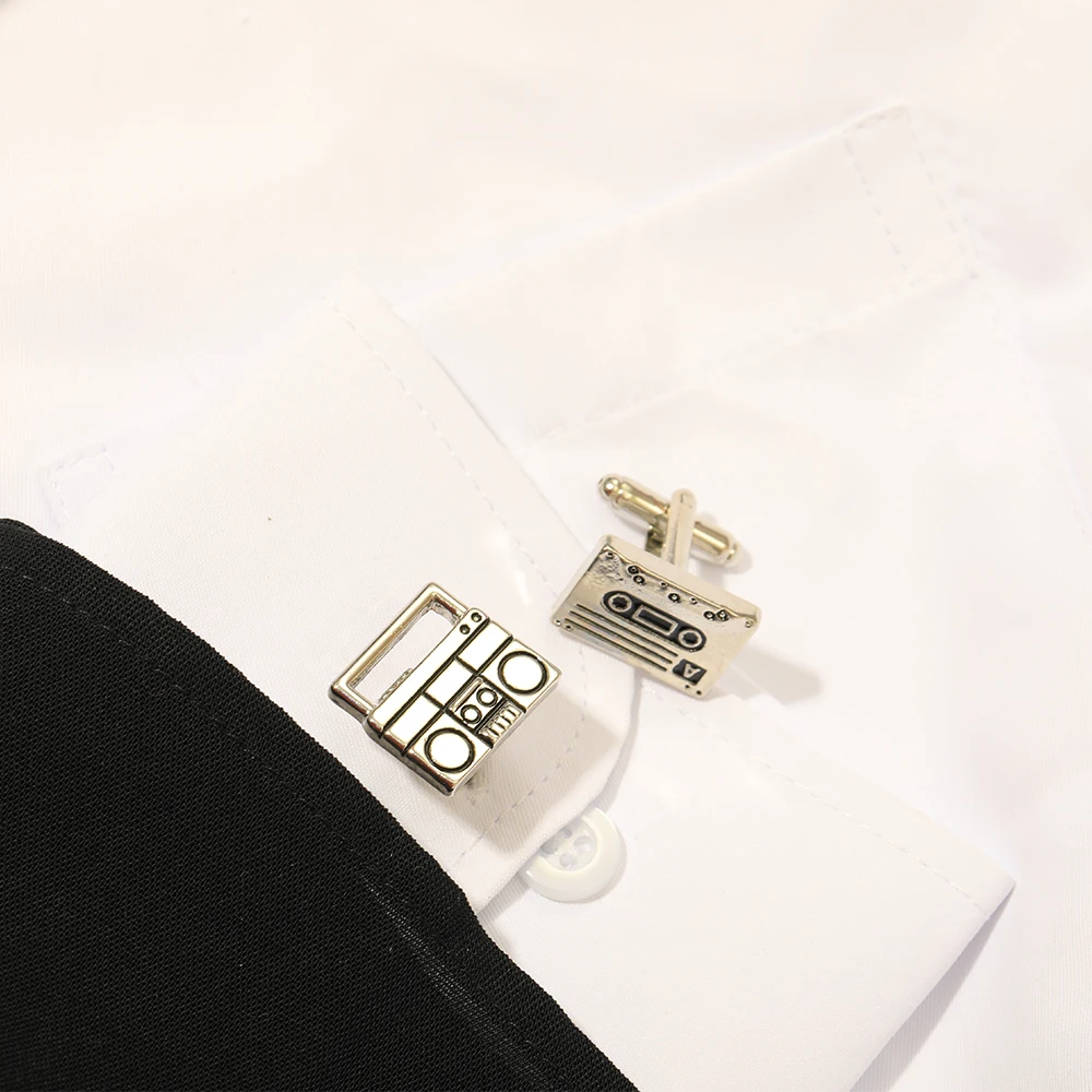 Vintage 2 Pcs Tape Recorder Mens Cufflinks Set Silver Tone Cuff Links For Boy Music Lovers Shirt Tuxedo Sleeve Button Party Gift