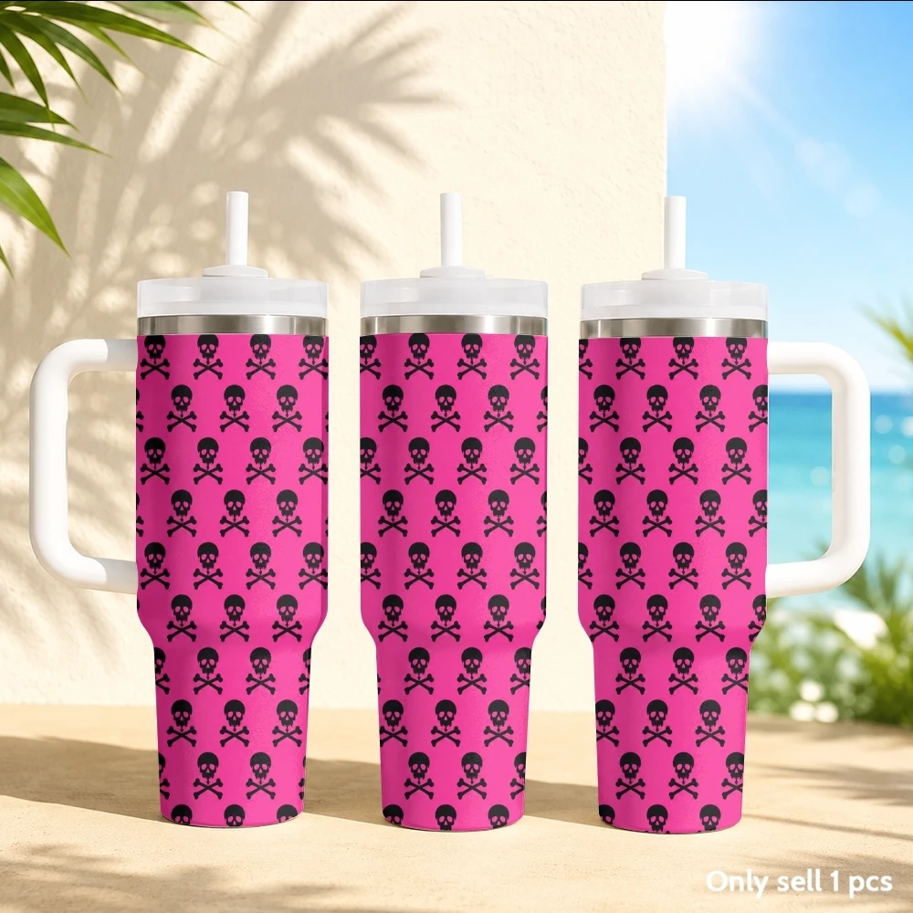 Skeleton print pattern Vacuum Flasks 40oz Stainless Steel Insulated Tumbler with Handle & Straw Leakproof Travel Mug