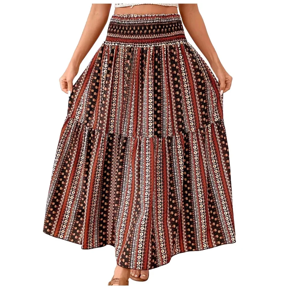 

Vintage Boho Skirts For Women Summer Elastic Waist A-Line Faldas Bohemian Printed Flowy Skirt Beachside Swing Maxi Long Skirts