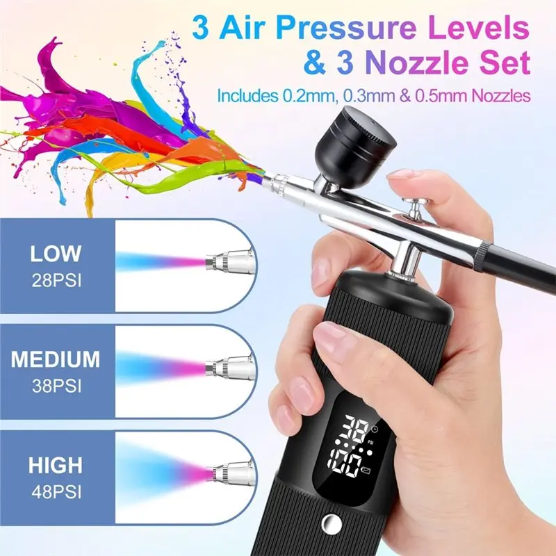 Airbrush Kit For Nails Includes 2 Brushes, Compressor, 28/38/48PSI High Pressure, 3 Nozzles For Painting,Makeup Type-AT36