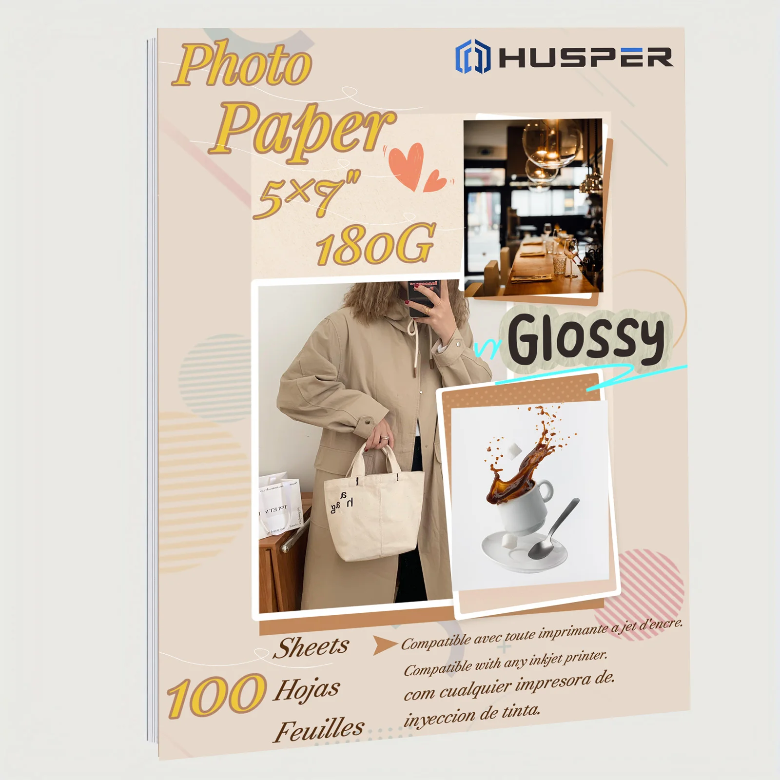 

HUSPER 5 × 7 дюймов, 180 г, 100 листов глянцевой фотобумаги для струйной печати