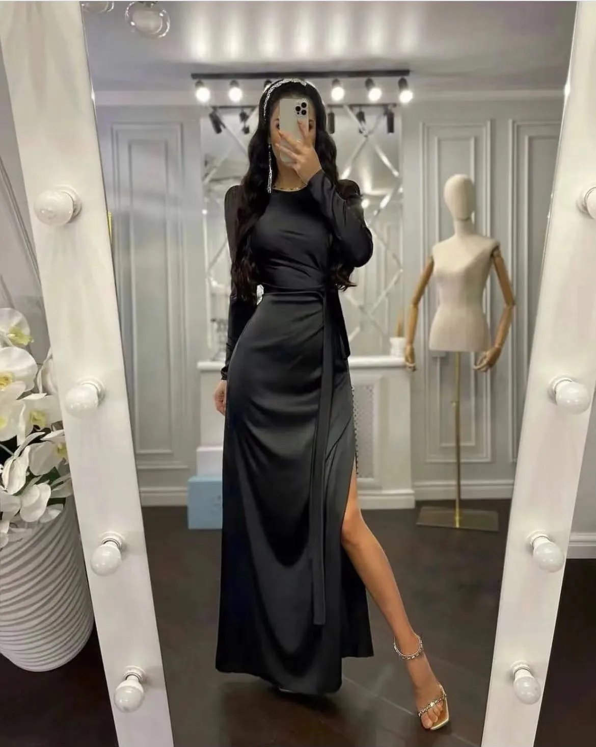 Women's High Split Irregular Silk Party Dress Ladies Retro Belt Satin  Elegant Long Sleeve Solid O-Neck Maxi Dresses Sexy - AliExpress 200000345