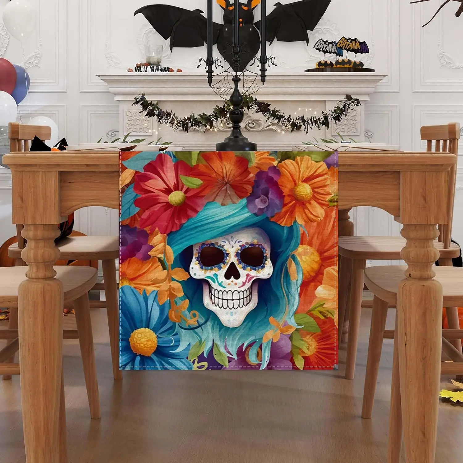 Mexican Day of The Dead Fiesta Flower Skull Linen Table Runners Home Decor Reusable Table Runners Dining Room Decorations