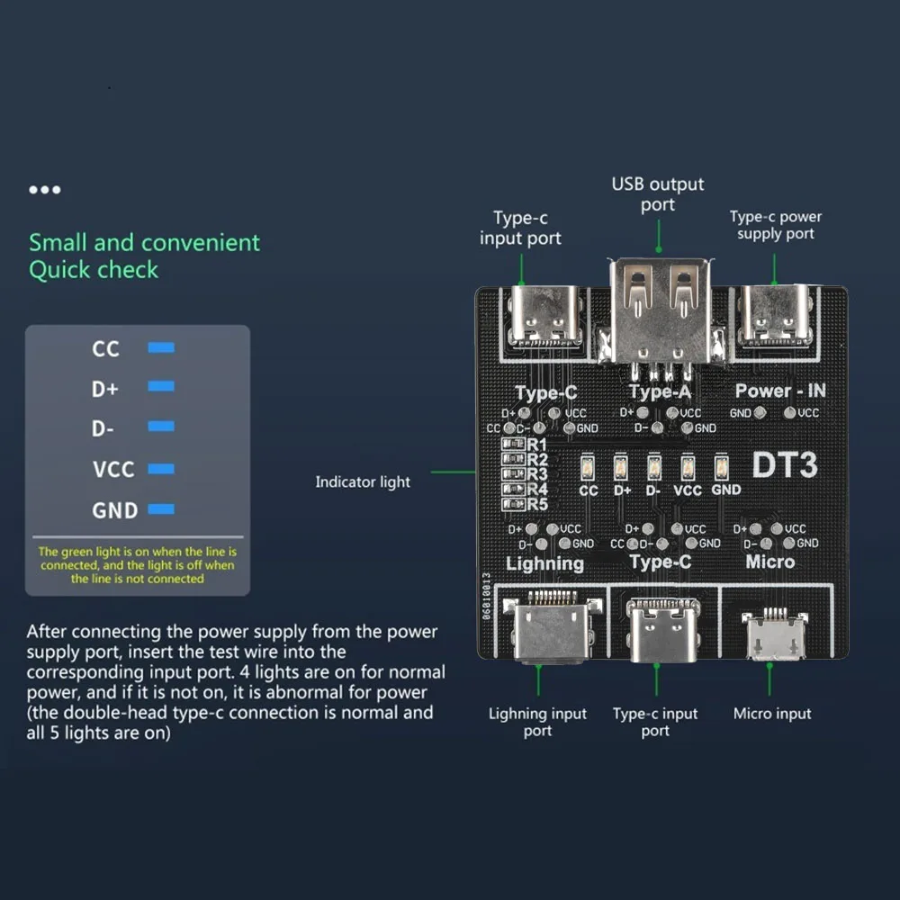 USB Data Cable On-Off Detection Board for Micro Type-C Port DT3 USB Cable Tester Fast Detection Lightweight Durable