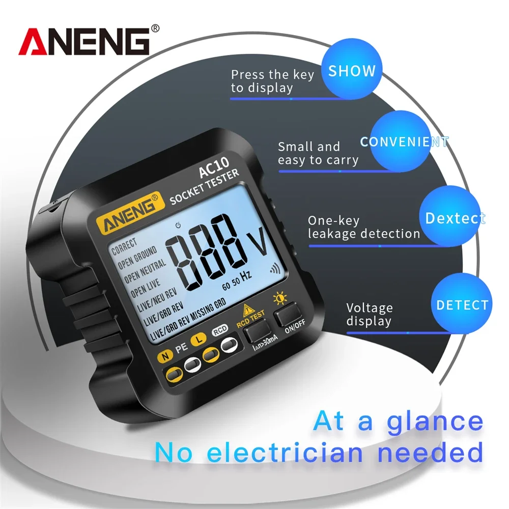 Aneng AC10 Socket Tester Plug Detector Nul Lijn Plug Polariteit Fase Controleren Fase Detector Us/Eu Plug Multimeter Digitale tester