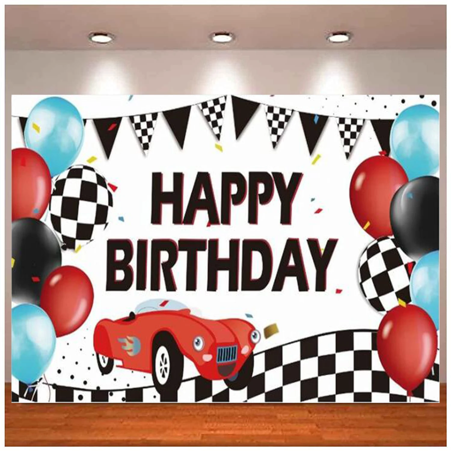 Backdrop Birthday Party Decor Banner Black And White Racing Car for Baby Shower Boy Kids Anniversary Party Photo Background