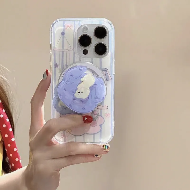 Korean Cartoon Rotation Puppy  For Magsafe Magnetic Phone Griptok Grip Tok Stand For iPhone 15 Wireless Charging Case Holder