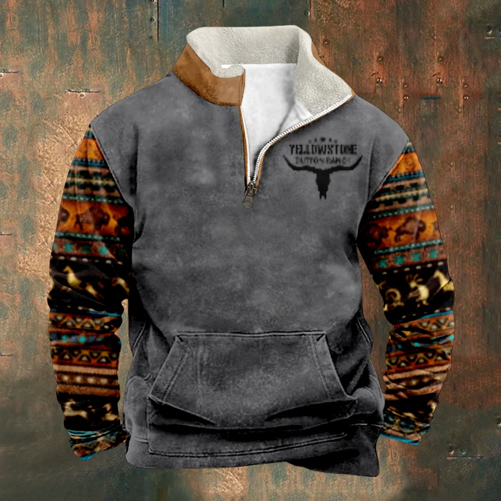 Patchwork Men's Sweatshirt Deer Print Vintage Color Long Sleeve Stand Collar Zipper Casual Pullovers