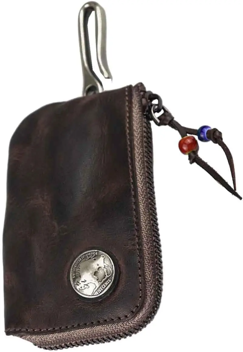 NEW Arrival Mini Leather Zipper Bag Car Key Bag Coin Organizer Change Holder Key Protection Bag With Metal Hooks