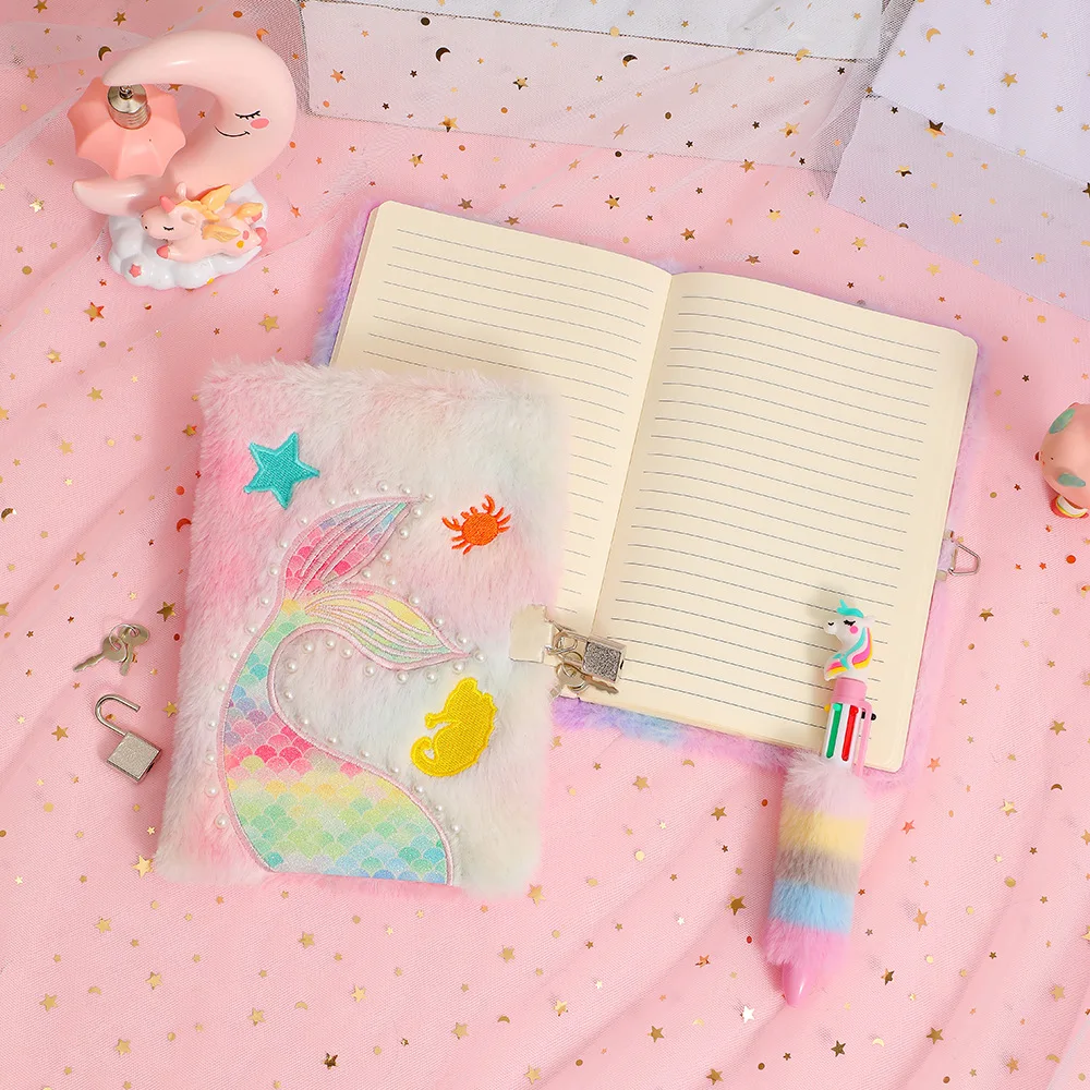 Cute Cartoon Plush Mermaid Tail A5 Lockable Notebook Student Writing book Girl Diarybook School Stationery Supplies Reward Gift