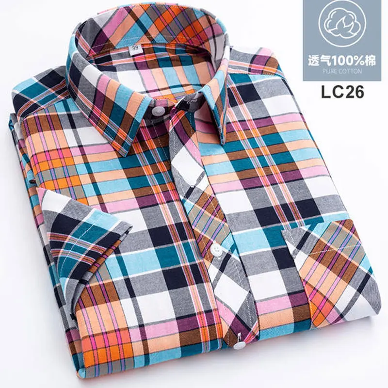 100% cotton 7XL 8XL Men\'s short-sleeved shirt Summer thin breathable plaid casual non-ironing high quality plus size