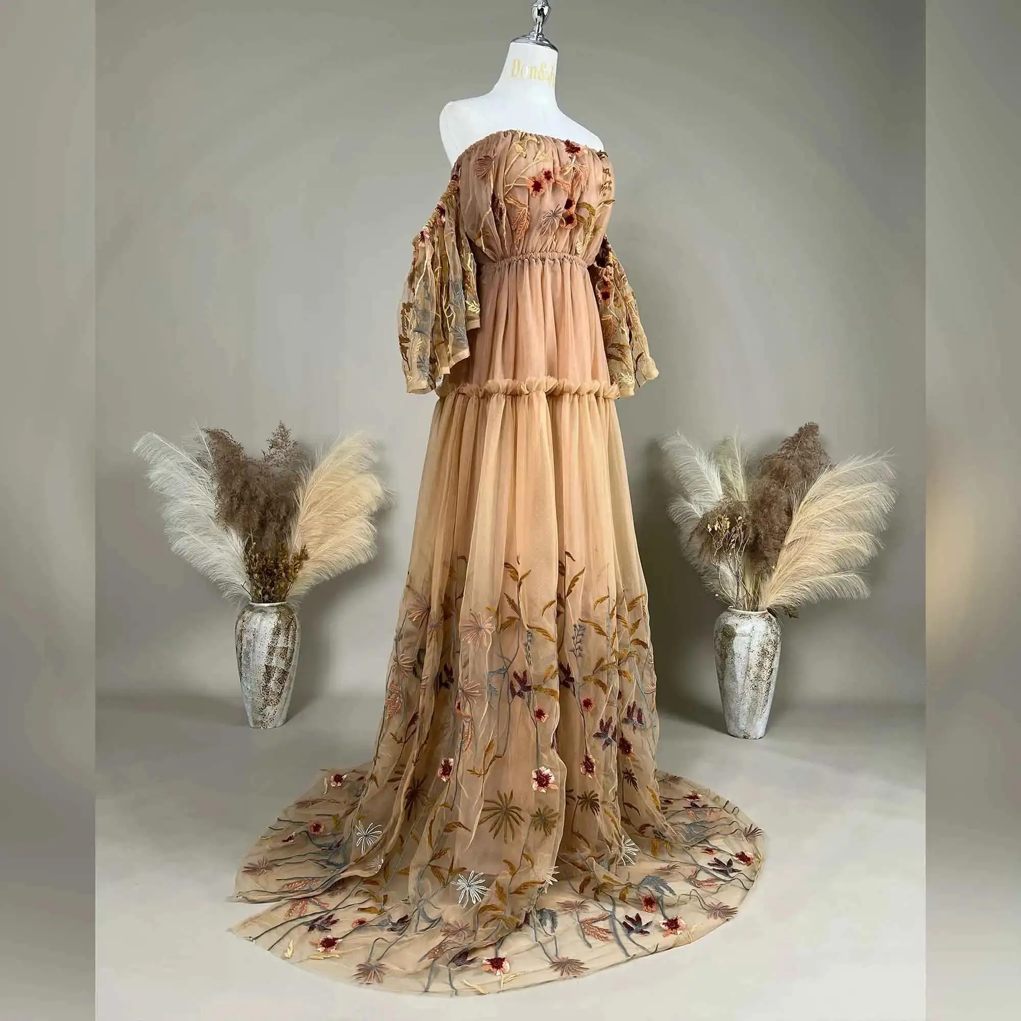 Don&Judy チュール刺繍ガウンドレス マタニティ写真撮影セッション写真ドレス 小道具 取り外し可能なライナー付き