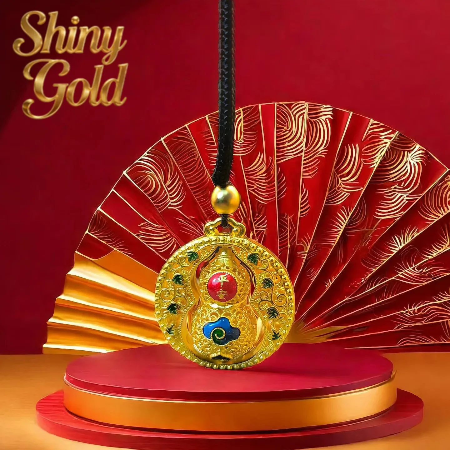 ShinyGold Light luxury 24K real gold sand gold enamel season to run gourd necklace au9999 lotus pendant national tide first jewe